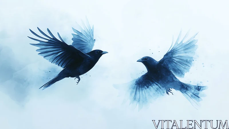 Digital watercolor corvids in mirrored aerial composition.