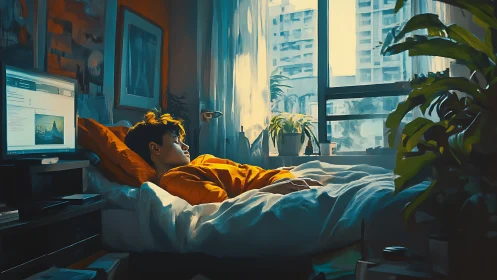Digital painting of teen resting in sunlit urban bedroom