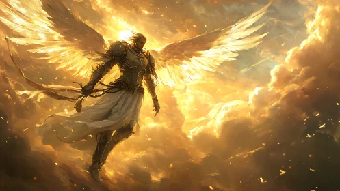 Luminous armored angel in radiant celestial ascent composition.