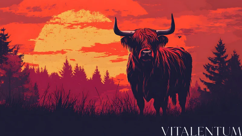 Highland cattle silhouette before large red sunset sky.