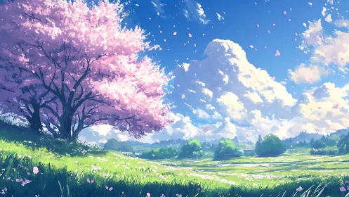 Cherry blossoms over sunlit meadow under wide blue sky.