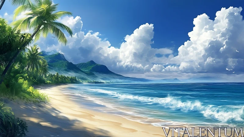 Sunlit tropical shoreline with rolling waves and gentle clouds.