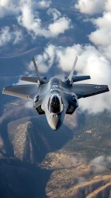 Stealth fighter jet cuts through broken clouds above canyons.