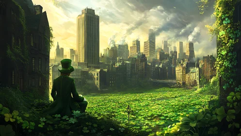 Leprechaun figure overlooks dense city across clover field