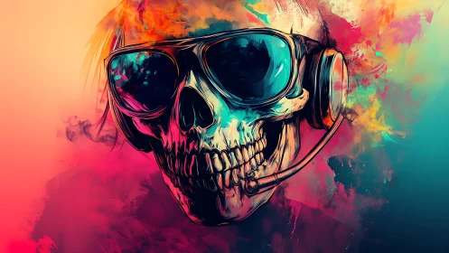 Skull with headset and sunglasses in neon color gradient field.
