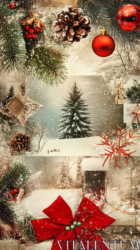 Festive winter collage blends ornaments with snowy landscapes.