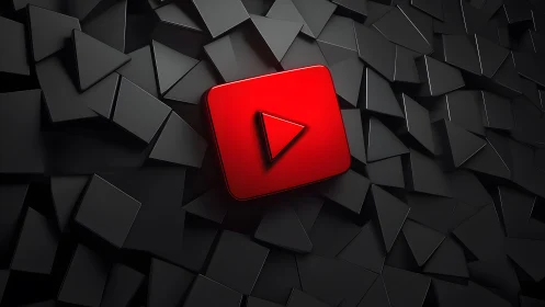 Bold Red YouTube Play Button Icon on Abstract Black 3D Background.