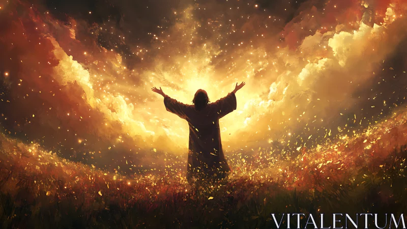 Backlit robed figure in radiant celestial light field.