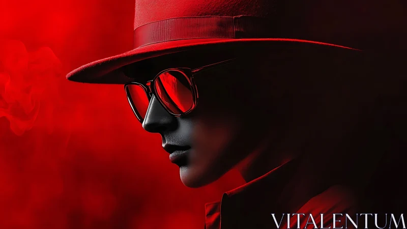 Crimson shadow agent in mirrored shades and smoke glow.