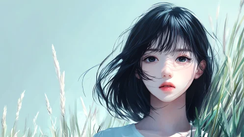 Wind-swept digital portrait of blue-eyed girl in tall grass.