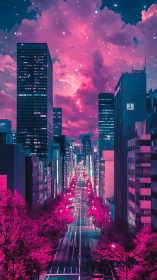 Neon boulevard stitches a pink galaxy above midnight towers