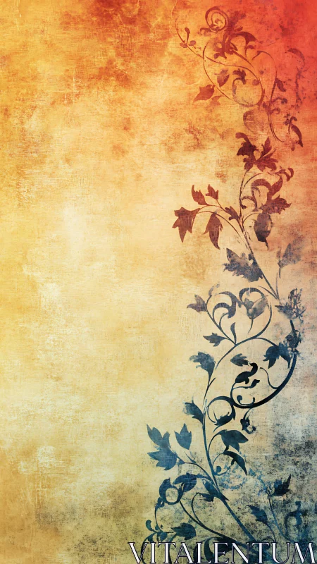 Vertical grunge gradient background with blue ornamental vines