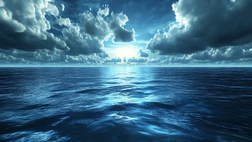 Dramatic ocean horizon with volumetric clouds and specular light