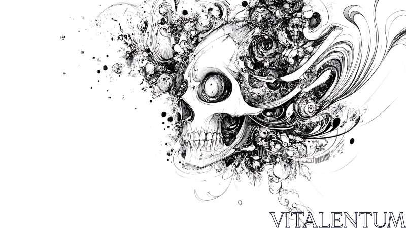 Whirling ink skull bursting with swirling abstract energy.