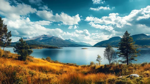 Sunlit alpine lake dreaming beneath roaming summer clouds.