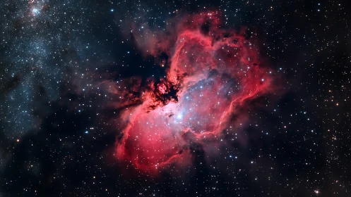 Crimson emission nebula erupting amid dense starfield.