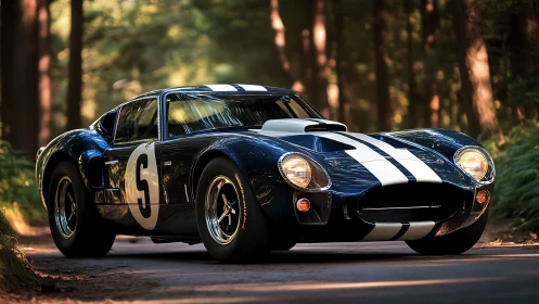 Forest road daydream with a classic racing blue sports car.