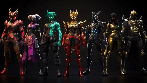 Seven armored heroes in neon sci fi combat skins lineup.