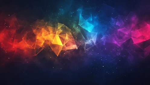Vibrant Polygonal Abstract Art with Rainbow Colors on Dark Background.
