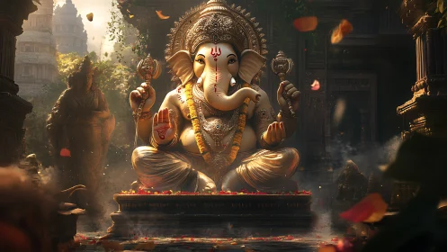 Golden Ganesha glows in incense haze and drifting petals.