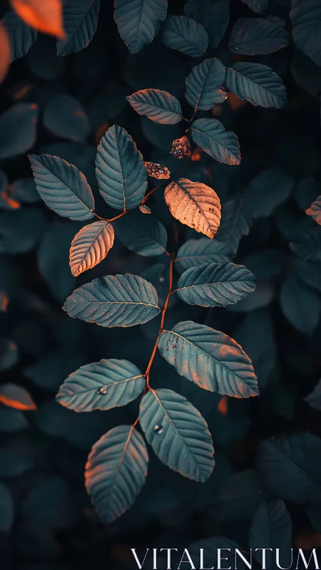 Backlit compound leaves display teal foliage and warm rim lighting