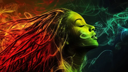 Colorful dreamer in swirling neon smoke and glowing light.