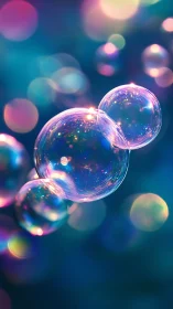 Translucent soap bubbles with bokeh light reflections background.