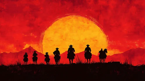 Cowboy silhouettes crossing before blazing frontier sunset.