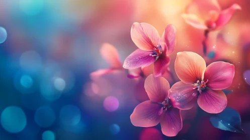 Pink orchids bloom with soft bokeh light and warm glow.