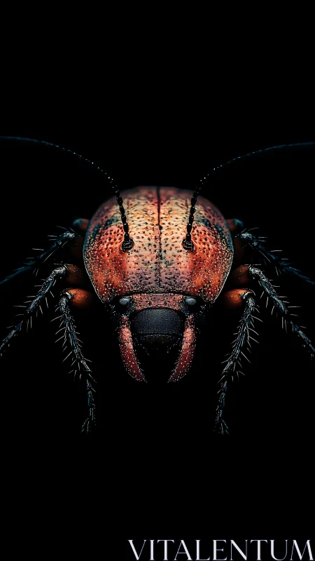 Macro close up of red beetle head on black background.