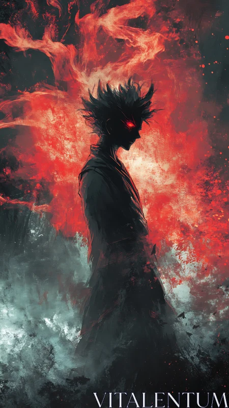 Dark silhouette with fiery red aura in abstract storm