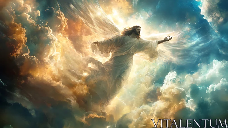 Radiant celestial figure emerges through volumetric clouds and light