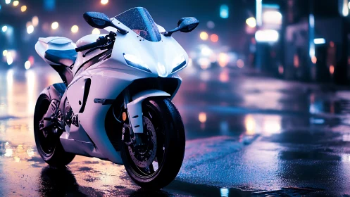 Aerodynamic sportbike reflects neon rain on nocturnal city street