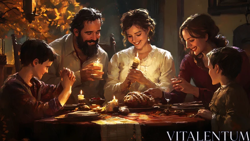 Harvest glow around a candlelit family feast of gratitude.