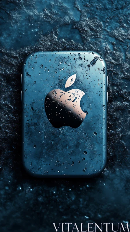 Apple Device Submerged in Blue Textured Environment with Water Droplets