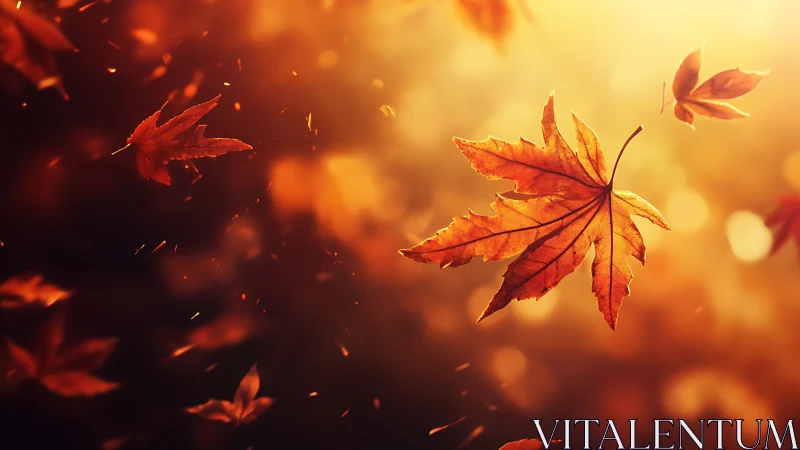 Autumn maple leaves whirl in warm golden sunset light.