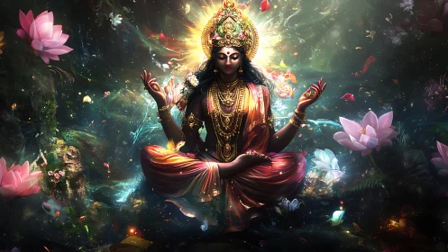 Divine goddess meditating amid glowing cosmic lotus garden.