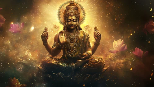 Golden multi-armed deity in radiant lotus field with volumetric light