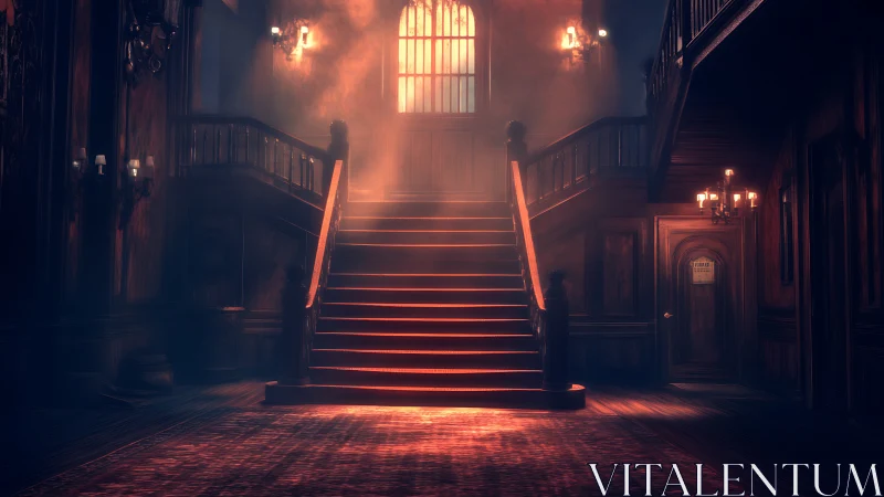 Volumetric-lit grand staircase in dimly rendered Victorian foyer
