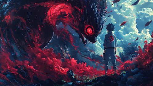 Boy confronts colossal red eyed shadow beast in stormy field.