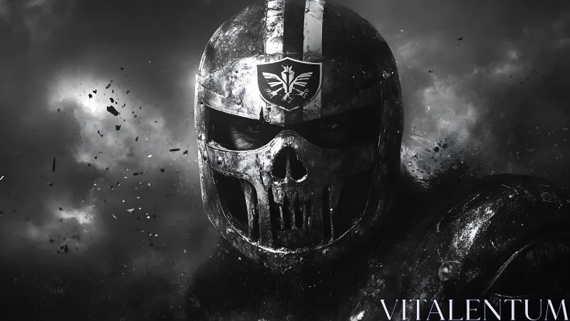 Tactical skull-plate helm in particulate storm field study.