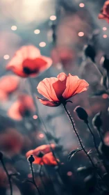 Soft coral poppies glow gently in a dreamy twilight garden