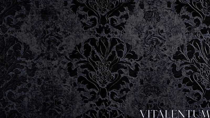 Dark damask textile shows repeating ornamental pattern