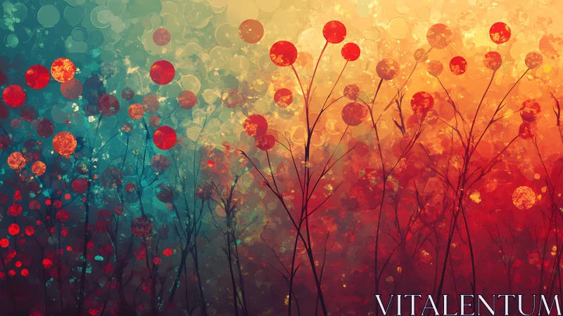 Abstract field of red flowers in warm teal and orange glow.