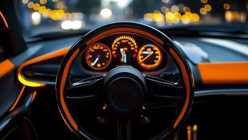 Futuristic sports car cockpit with glowing orange dash.