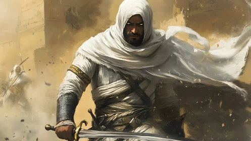 Digital painting of desert assassin in kinetic cloaked motion.