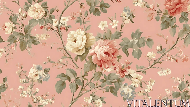 Vintage floral pattern on muted blush rose background.