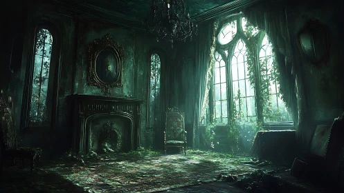 Moonlit ivy conquers a forgotten emerald drawing room