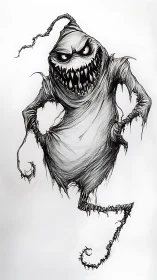 Monochrome sketch of tattered ghostlike creature figure.