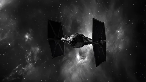 Imperial starfighter silhouette cuts across nebula field.